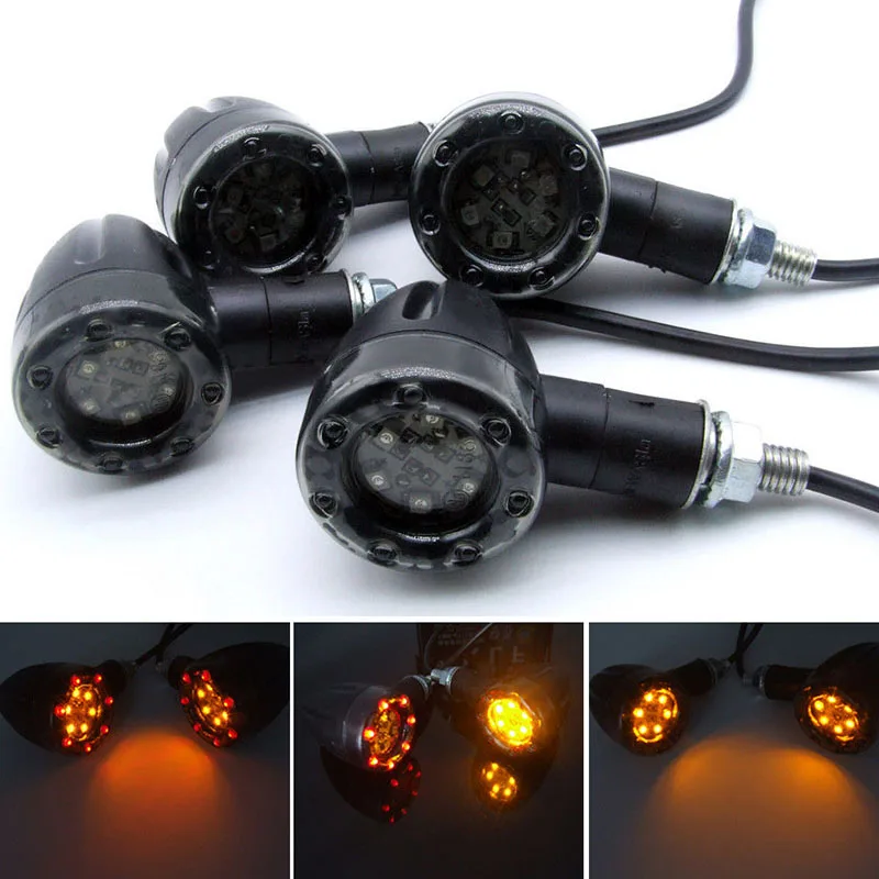 DLLL Universal Bullet Motorcycle LED Turn Signal Light Indicator LED Brake Tail Light Lamp Metal Shell Blinker Flashers for Harley Bobber Cafe Racer Honda Yamaha Ducati April Kawasaki Suzuki Black