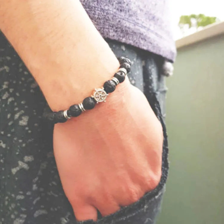 

Antique Rudder Design Natural Stone Beads Bracelet Charm Handmade Lava Braclet For Mens Biker Jewelry Accessories Homme