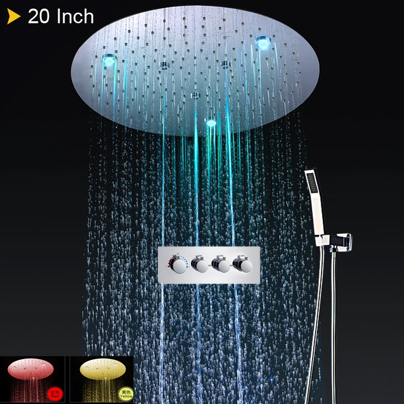 

Thermostatic 20 Inch Round Rainfall Shower Set 2 Functions Showerhead Electric LED Shower Kit Ceiling Mounted