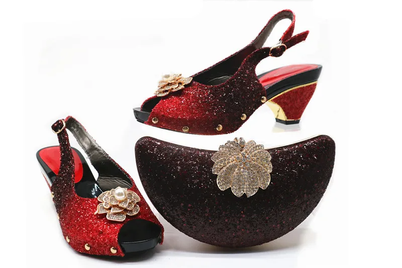 

Hot sale colorful women pumps with rhinestone flower style decoration for dress african shoes match handbag set G75