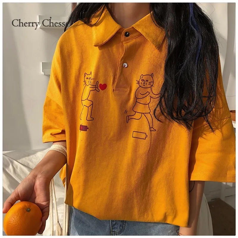 Cherry Chesse Harajuku мультфильм футболка короткий рукав отложной воротник Для женщин