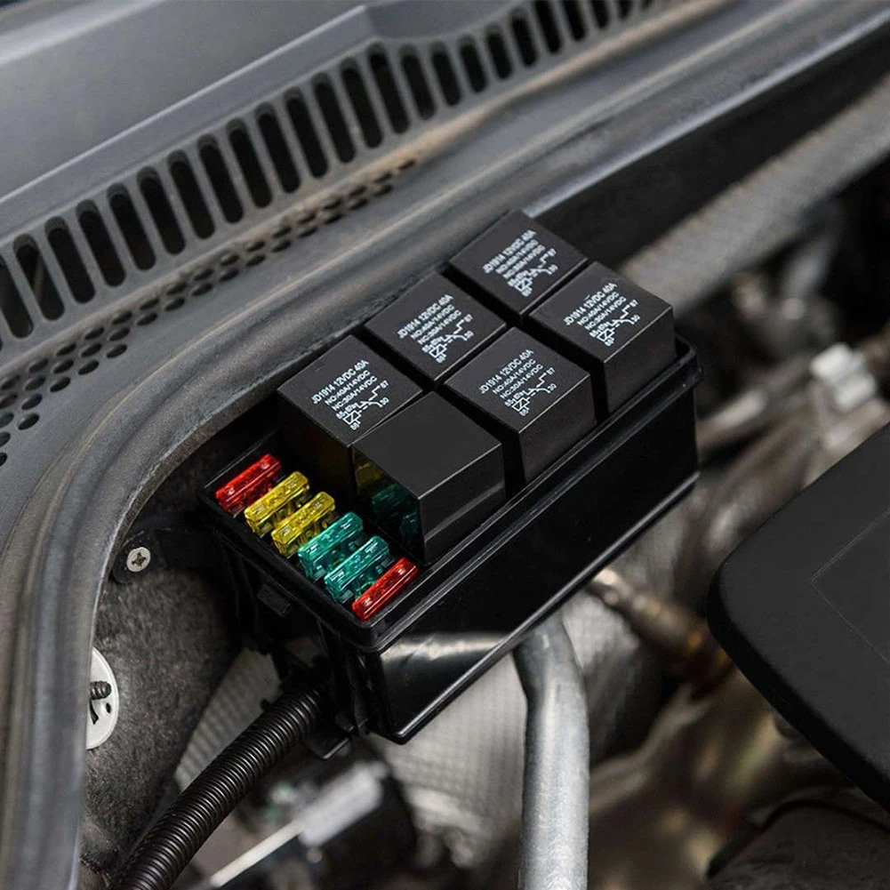 

Relay Box 6 Relays 6 Fuses Holder Block with 41pcs Metallic Pins Universal for Automotive Accessories