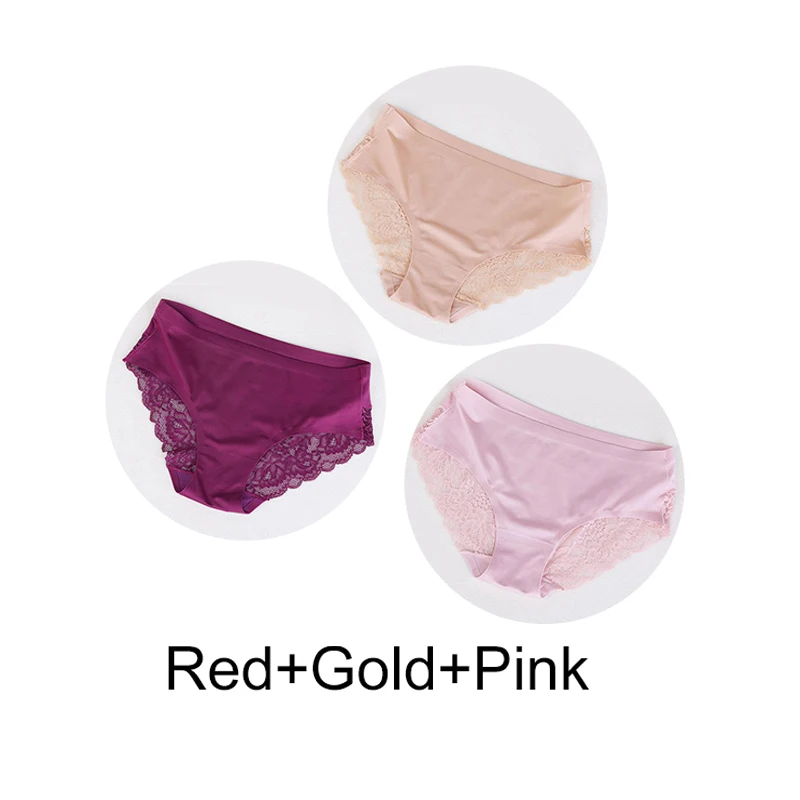 3 Pcs Sexy Underwear Women's Lace Panties Seamless Low Waist Briefs Nylon Silk Breathable Female Cotton Comfortable Lingerie - Color: E