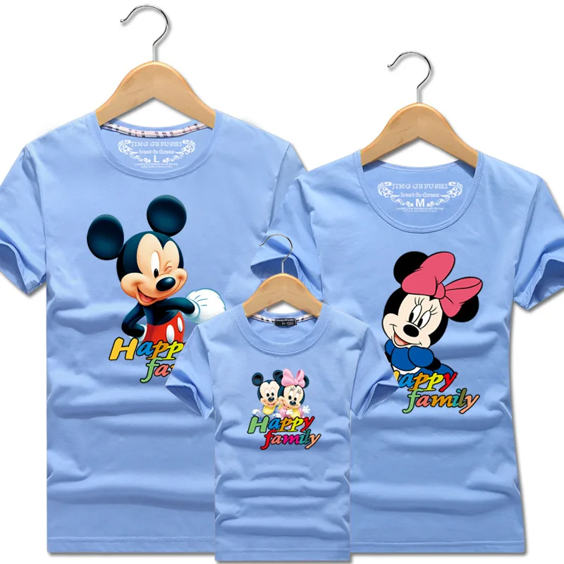 Одежда «Мама и я»; Семейные комплекты; футболка с рисунком Микки и Минни Маус; одежда для детей; одежда для папы и мамы; топы для влюбленных; семейная футболка - Цвет: Небесно-голубой