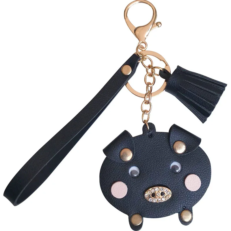 

Fashion Fluffy Pompom PU Leather Pig Keychain Rabbit Fur Ball KeyChain Pompom Key Chain Pom Pom Key Ring Women Bag Charm Jewelry