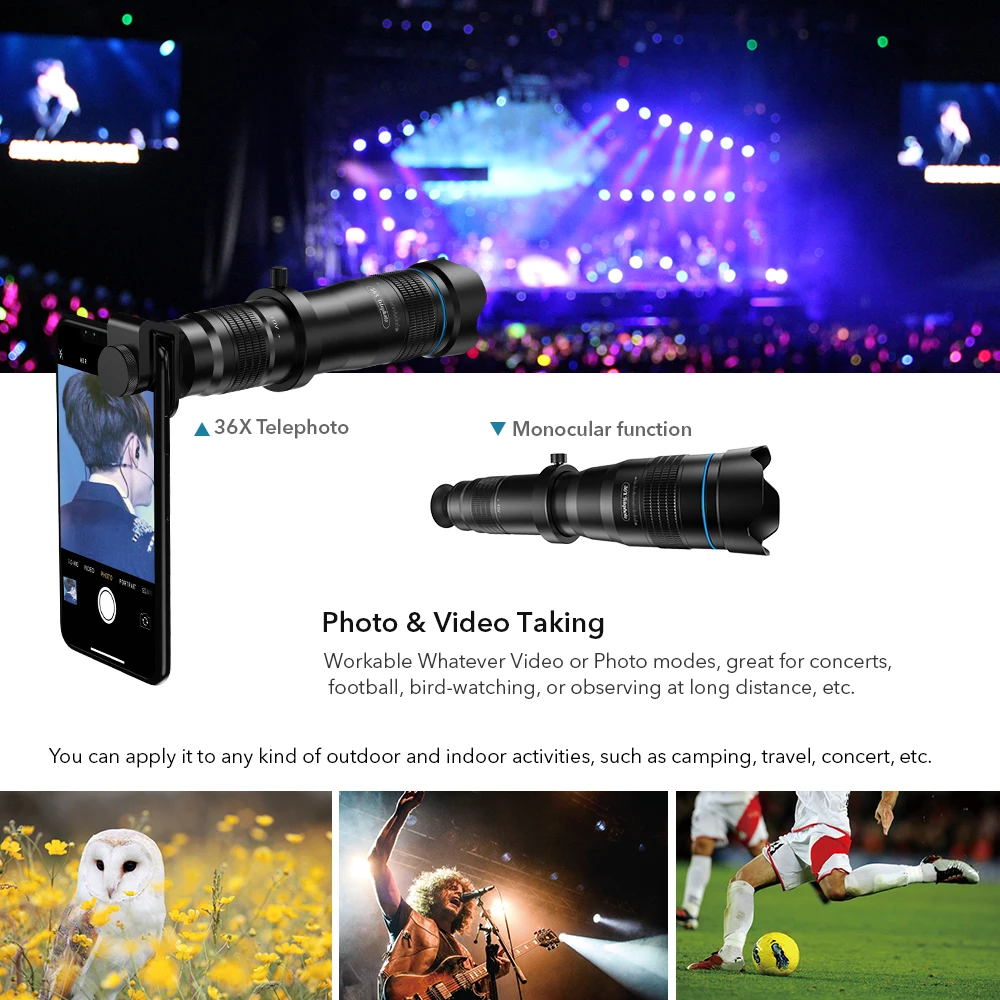 APEXEL HD 36X Telephoto Monocular with Selfie Tripod for iPhone Samsung Other Smartphones Travel Hunting Hiking Sports 4