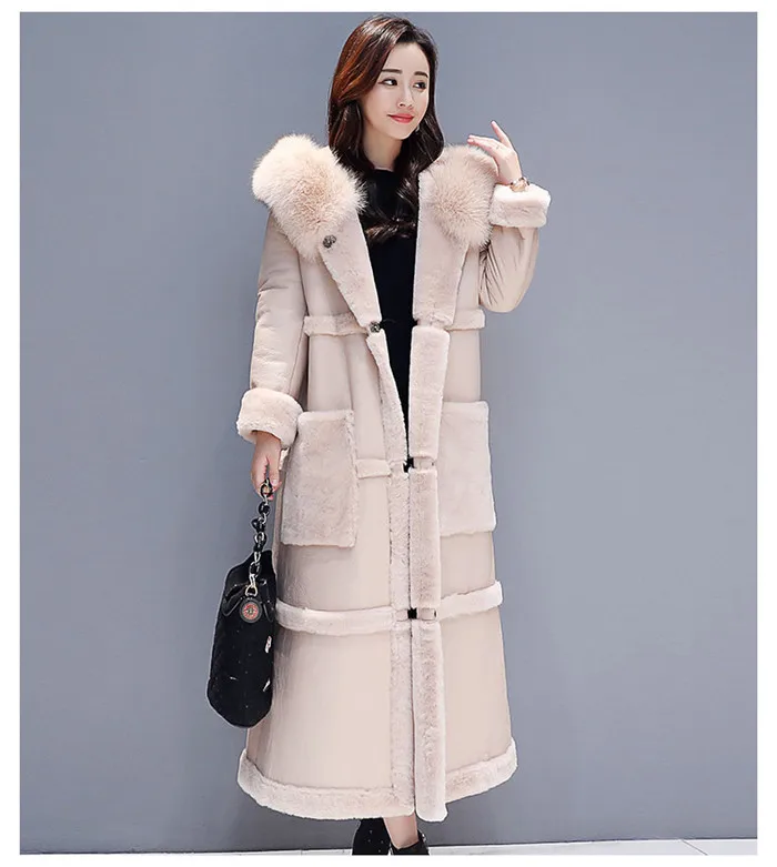 Новое зимнее пальто из овечьей шерсти для женщин, большие размеры, русский стиль, большой меховой воротник над мехом, одно толстое теплое длинное хлопковое пальто, элегантное женское