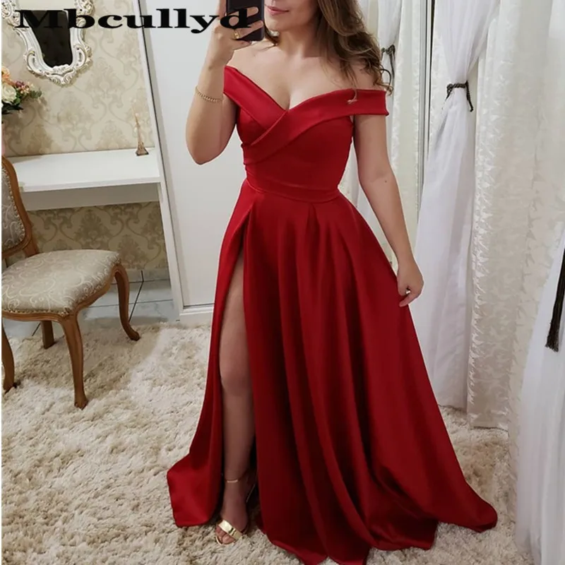 

Mbcullyd Sexy Red V-Neck Side Slit Prom Dresses Long Elegant Off the Shoulder A-Line Formal Party Dress Cheap Vestidos De Gala