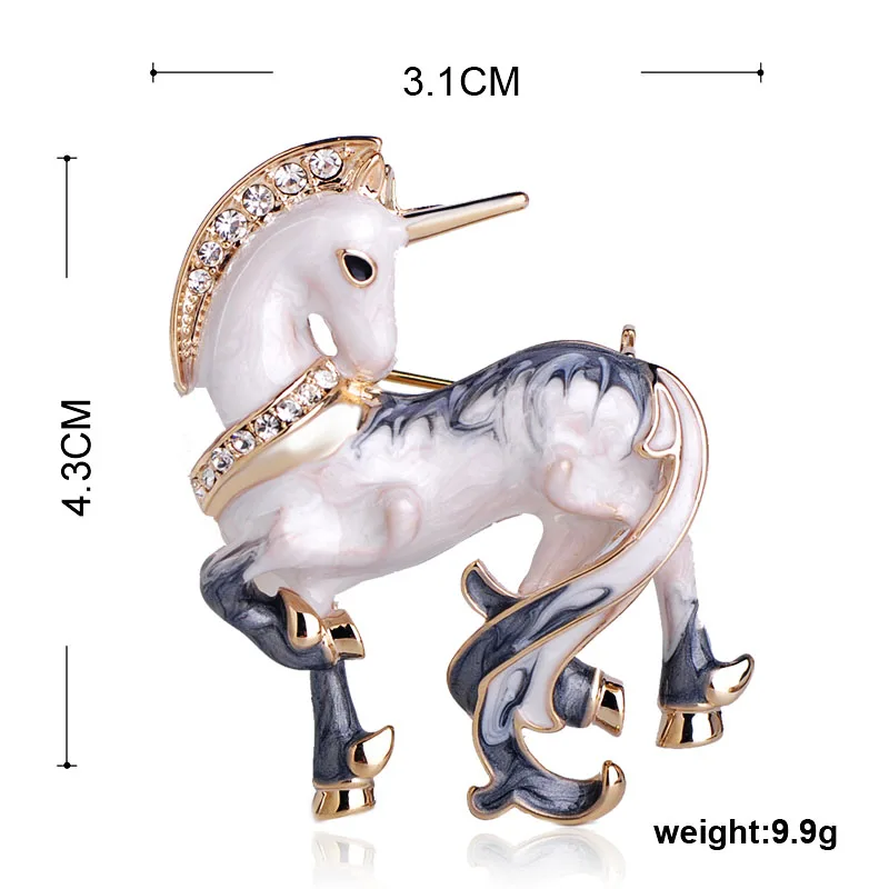FUNMOR Enamel White Lucky Horse Unicorn Shape Brooches Gold Color Women Men Rhinestone Animal Banquet Party Brooch Pins Gifts
