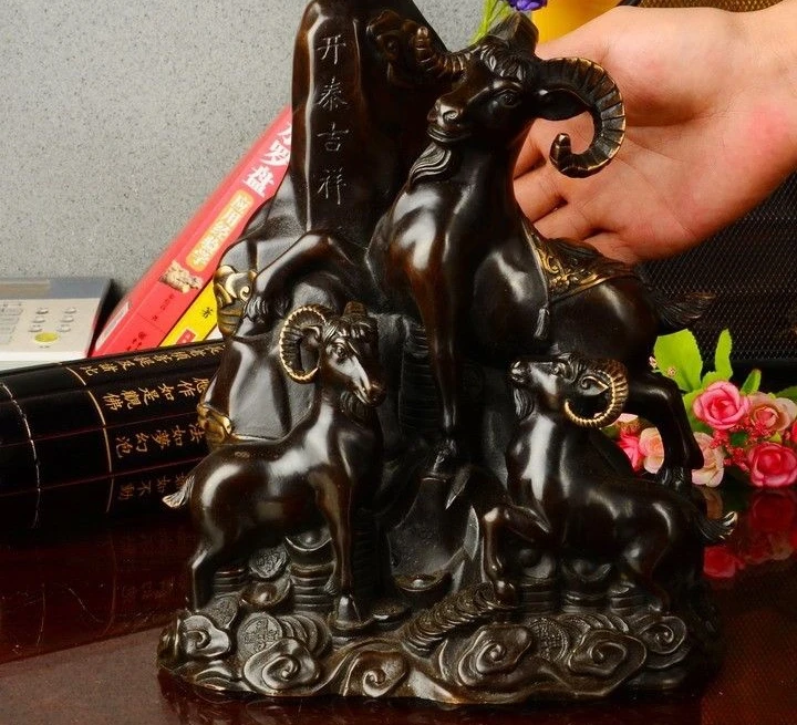 

10 China Red Copper Fengshui Auspicious Fu Three Sheep Goat Art Statue Sculpture