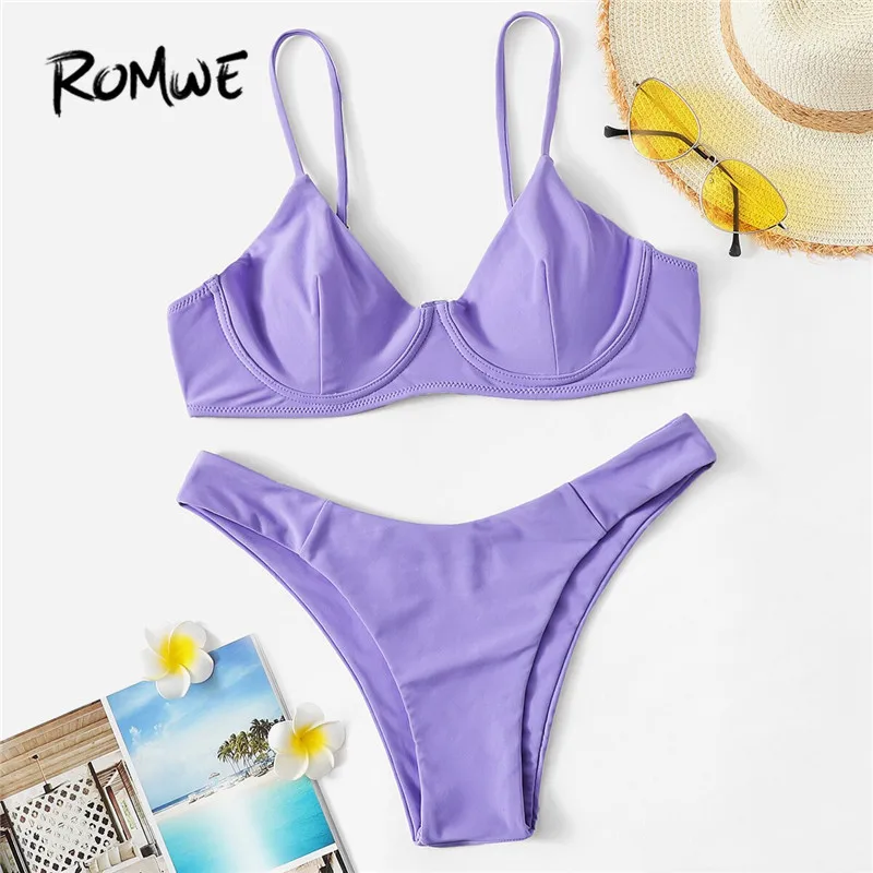 

Romwe Sport Purple Push Up Bikini Set With High Cut Bottoms Women Summer Underwire Seam Bikini Solid Sexy Swimsuit Swimwear