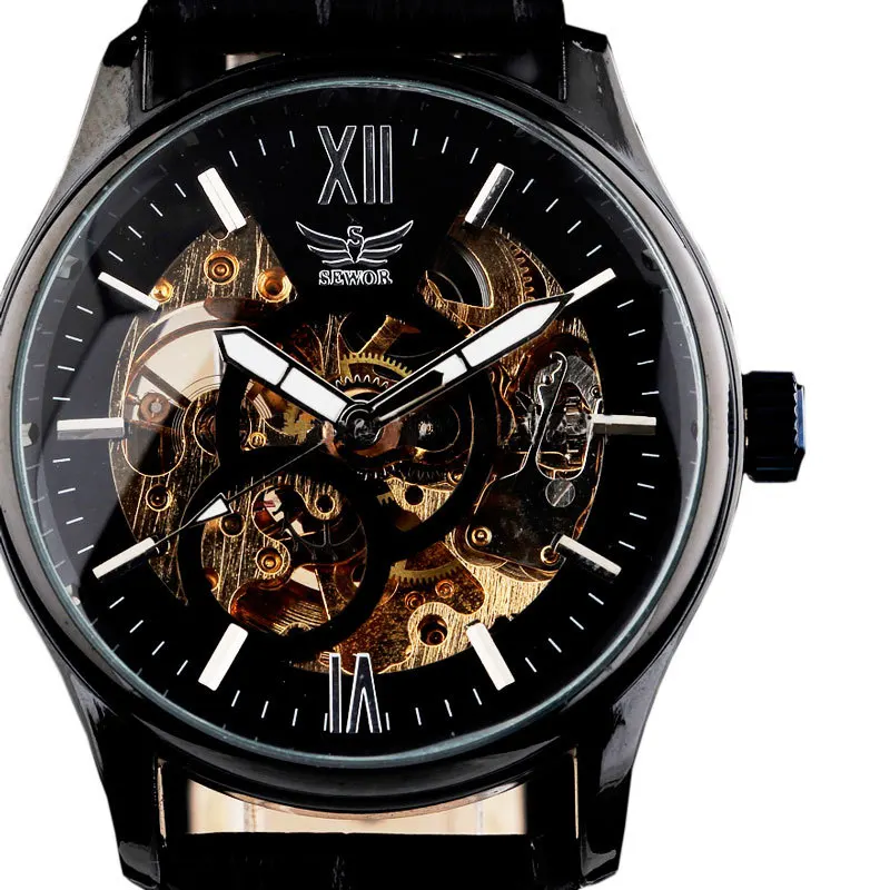 

SEWOR Brand Black Leather Skeleton Mechanical Watches Men Business Automatic Watch Men's Fashion Wrist Watch Relogio Masculino