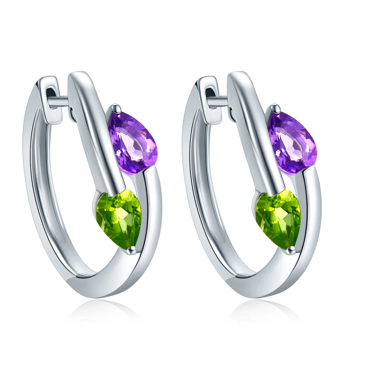 

Hutang Hoop Earrings Natural Gemstone Amethyst & Peridot Solid 925 Sterling Silver Fine Jewelry For Women's Gift 2017 NEW