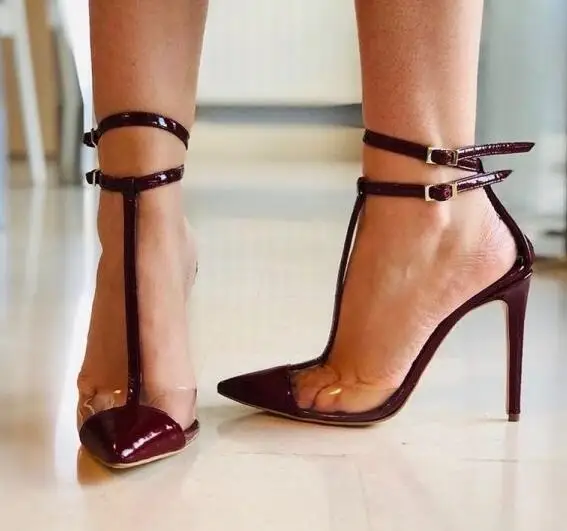 Moraima Snc Burgundy Patent Leather Clear PVC T Strap Heels Pumps Woman  Sexy Pointed Toe Thin Heels Shoe Ankle Strap Dress Heels|Women's Pumps| -  AliExpress