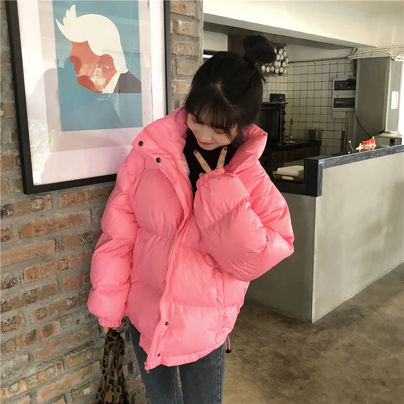 Bright Colors Winter Jacket Women Parka Warm Thick Solid Short Style Cotton Padded Parkas Coat Loose Stand Collar Outwear