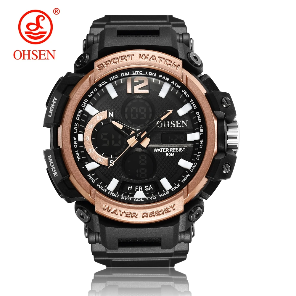  OHSEN Fashion Quartz Digital Watch Men LCD Day Date Stopwatch Swim Military Sport Watch Men Rubber 