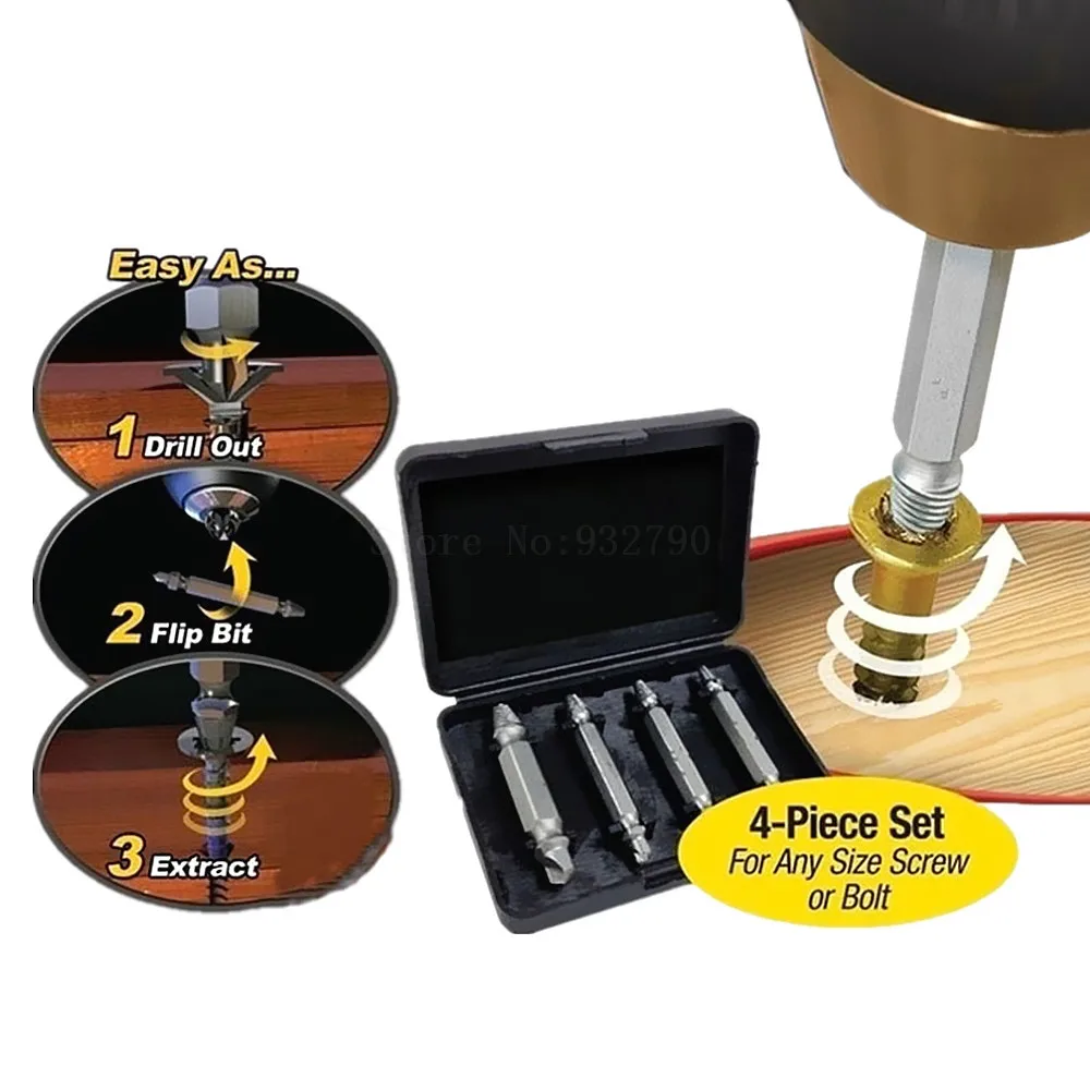 

4pc Double Side Screw Extractor Drill Bit Guide Set Broken Damaged Bolt Remover Double Ended Damaged Screw Extractor 1# 2# 3# 4#