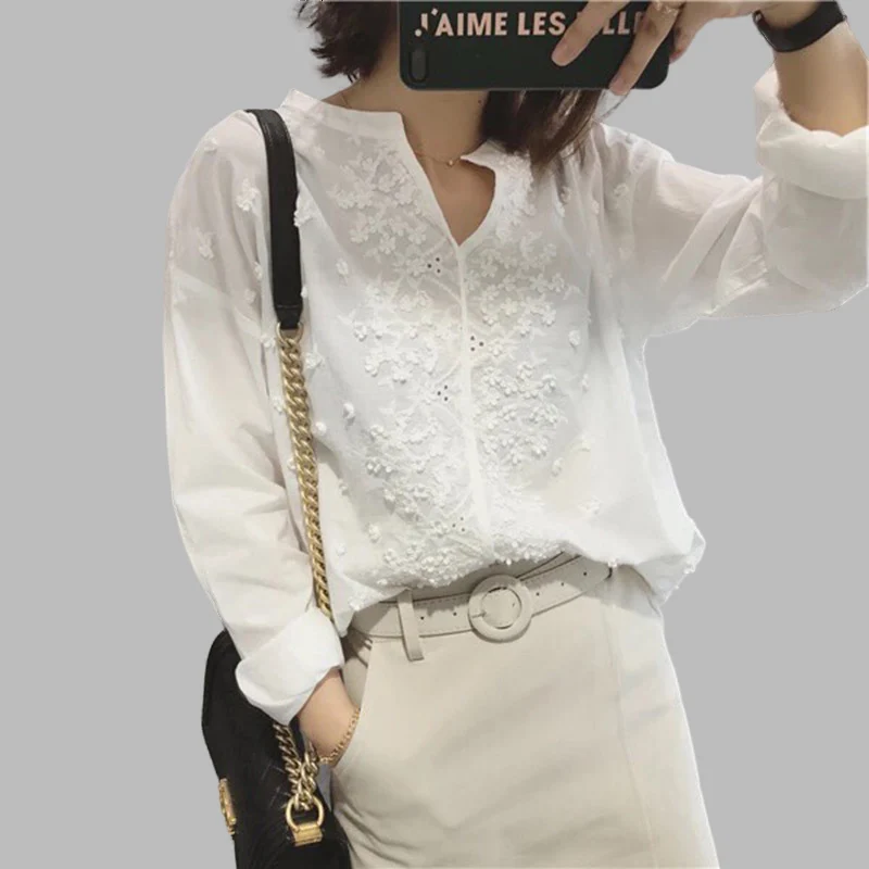 Женская хлопковая рубашка с V образным вырезом и цветочной вышивкой|embroidery shirt|shirt