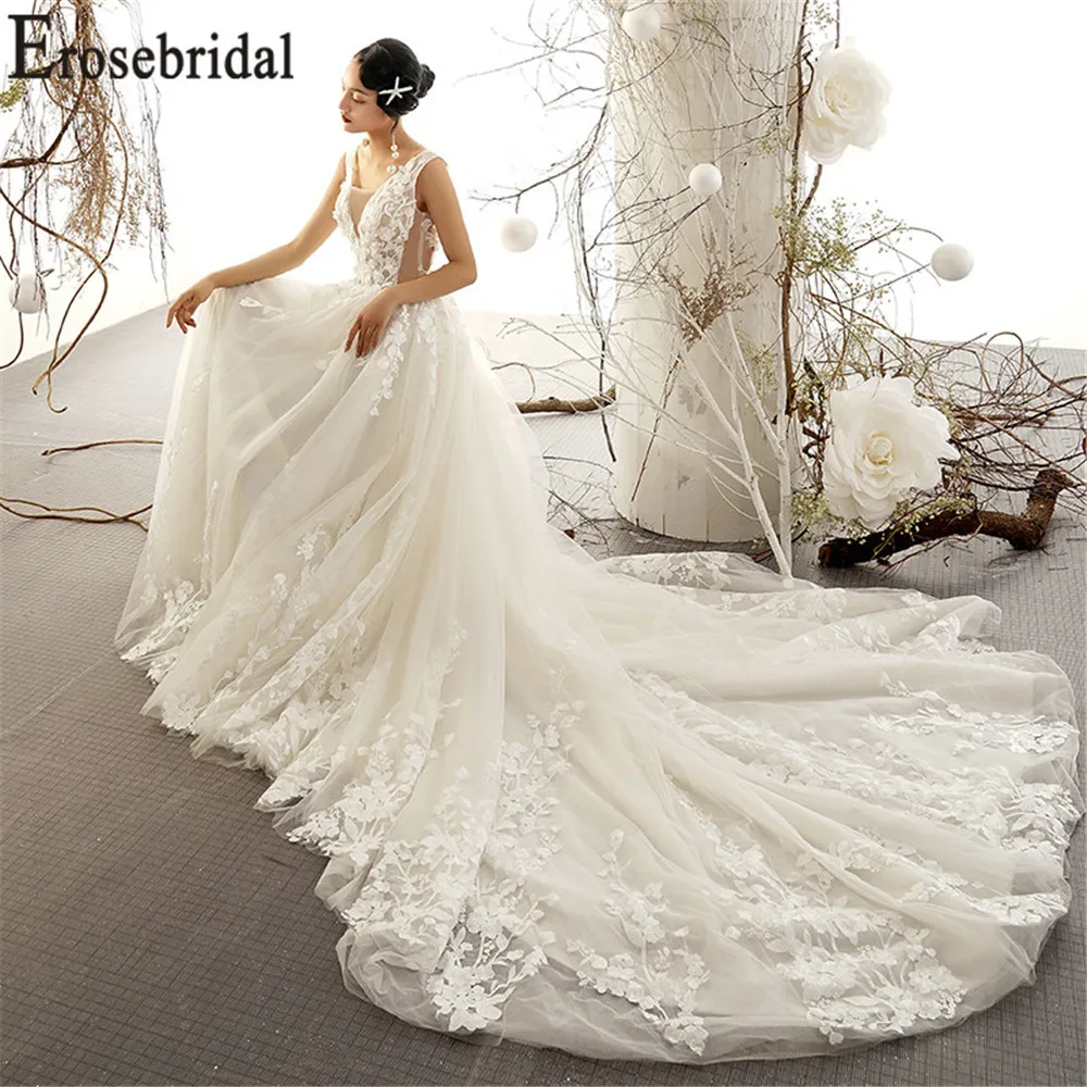 

Erosebridal New Arrival Tulle Wedding Dress 2019 Open Back Wedding Gowns A-Line Women Bridal Dress Illusion Vestidos De Novia