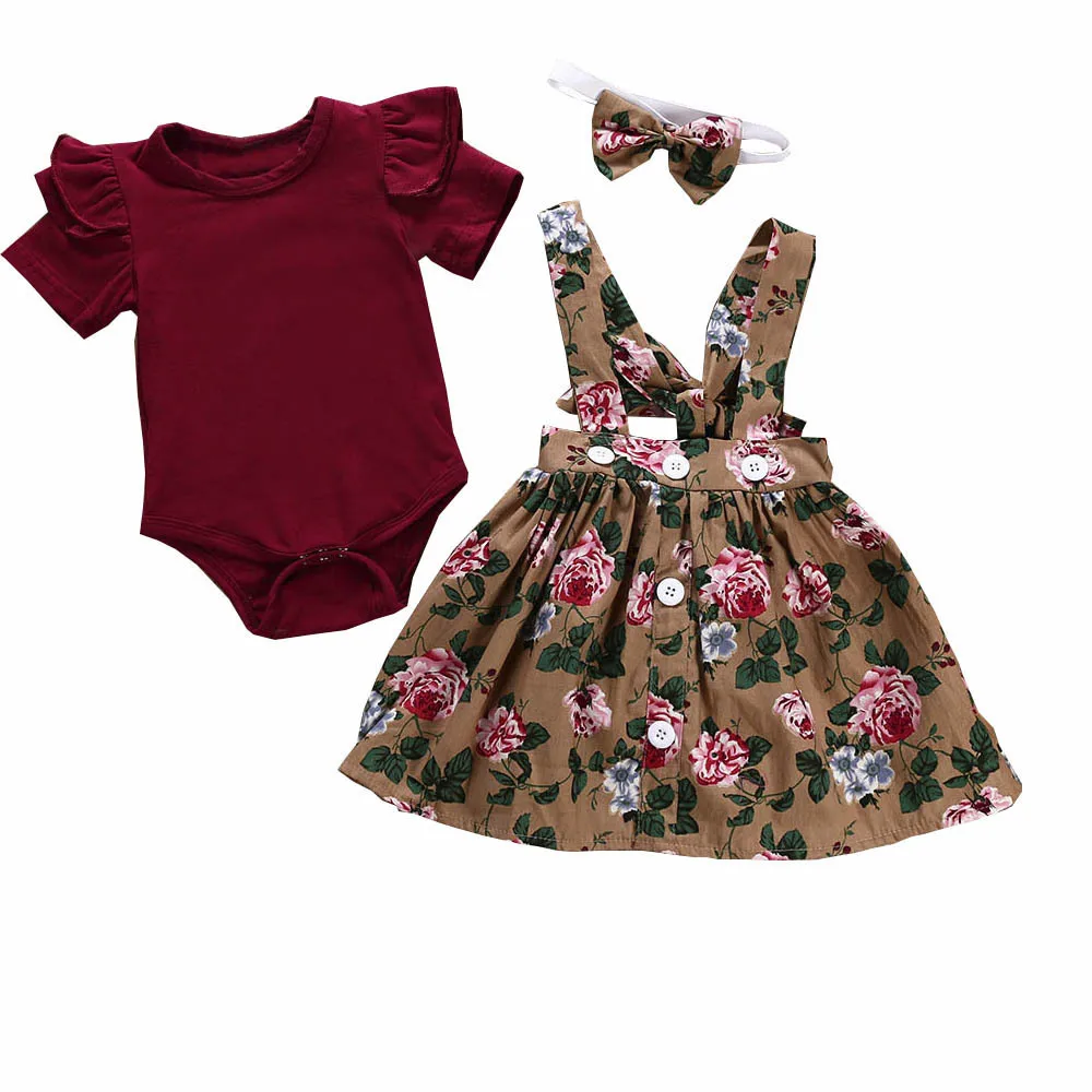 

Disney kid Casual Clothing Set 100% Cotton 3Pcs Baby Toddler Girls Kids Overalls Skirt +Headband+Romper Clothes Outfits JU 133