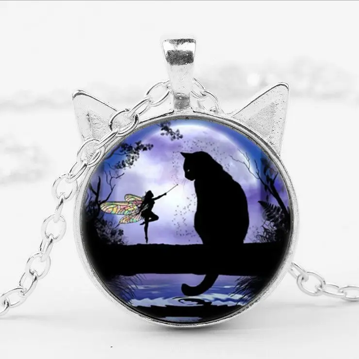Mens necklace Fashion In The Rain Cat Pictures Pendant Necklace Art Glass Cabochon Picture Animal Silver Chain Necklace Lover Gif