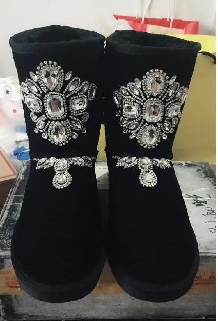 

2019 New diy women Winter female tube snow boots thick rhinestone gemstone non-slip cotton shoes