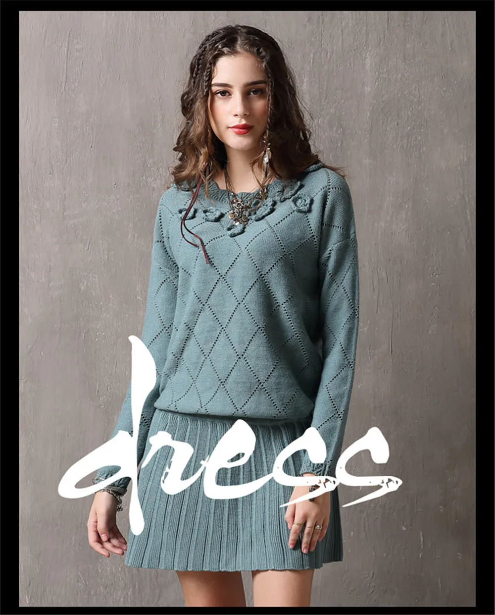 Vintage Winter Sweater Dress 2018 Cotton Wool Floral Knitting Dresses Female O-Neck Long Sleeve Pleated Sweater Dress Vestidos (1)