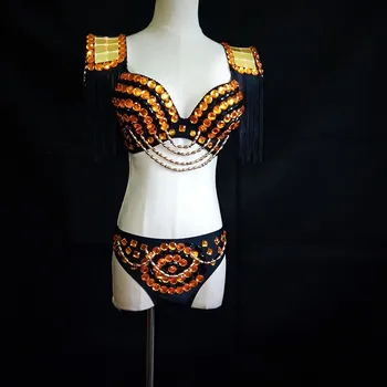 

EC56 Gold mirror dresses dj disco stage show wears clothe women bikini bra models clothe club performance party outfit vest bar