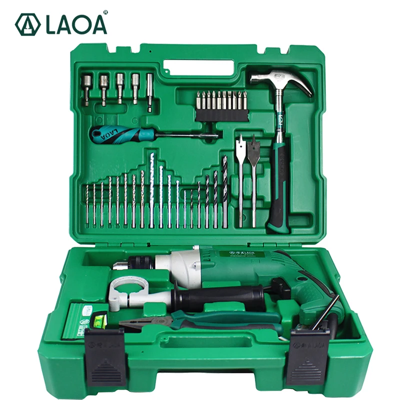 LAOA Профессиональный набор инструментов для дома 50 предметов, в комплекте ударная дрель 810 Вт, молоток, отвертки, плоскогубцы, пластиковый высокопрочный кейс