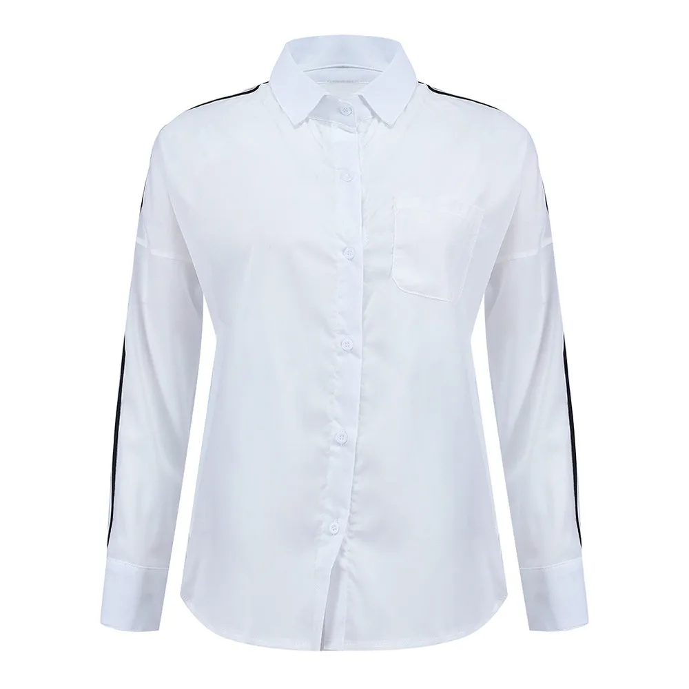 Элегантная Деловая блузка, модная женская Повседневная полосатая рубашка с длинным рукавом, блузка, топы с карманом для девушек, Roupas Feminina/PT - Цвет: White