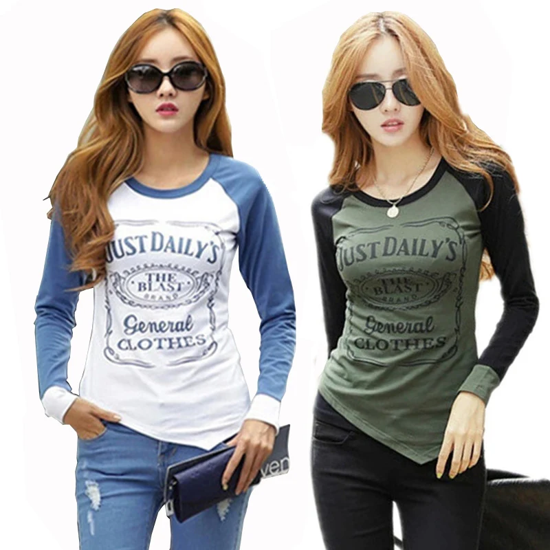 Fashion T shirt Women Cotton Long Sleeve Tshirt Patchwork Raglan Sleeve T-shirts for Women Female T-shirt Winter Tops
