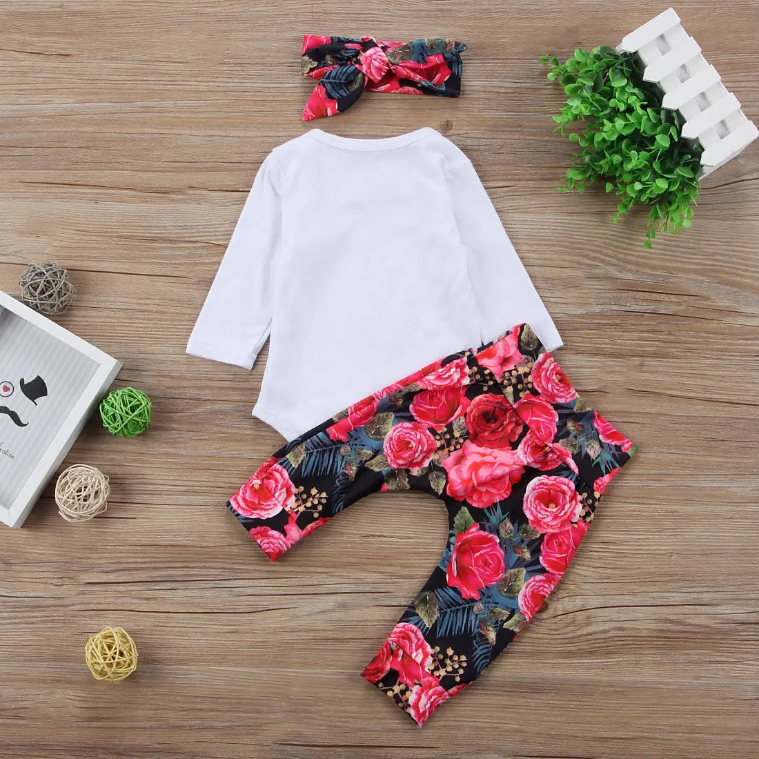 Long Sleeve Romper Flower Pants Headbands Cotton 3Pcs Outfits Clothing Set Newborn Toddler Baby Girls Clothes Sets Tops