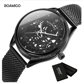 

fashion brand BOAMIGO men quartz watch skeleton male black stainless steel mesh auto date wristwatch clock relogio masculino