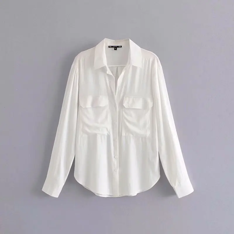 

2019 new women fashion double pockets black white color casual business blouse shirt women roll up sleeve chemise tops LS3541