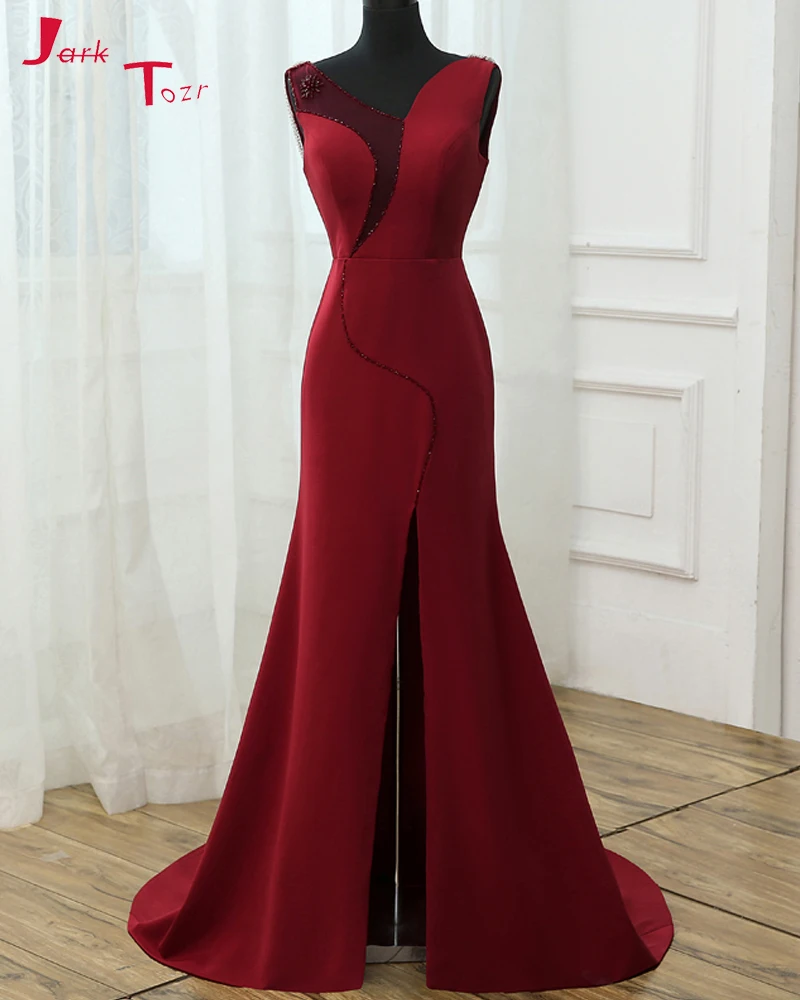 Jark Tozr 2019 Nieuwe Komen Formele Gowns Lange Rok Slit Parels Terug Kralen Bourgondië Satin Mermaid Avondjurken Robe De soiree