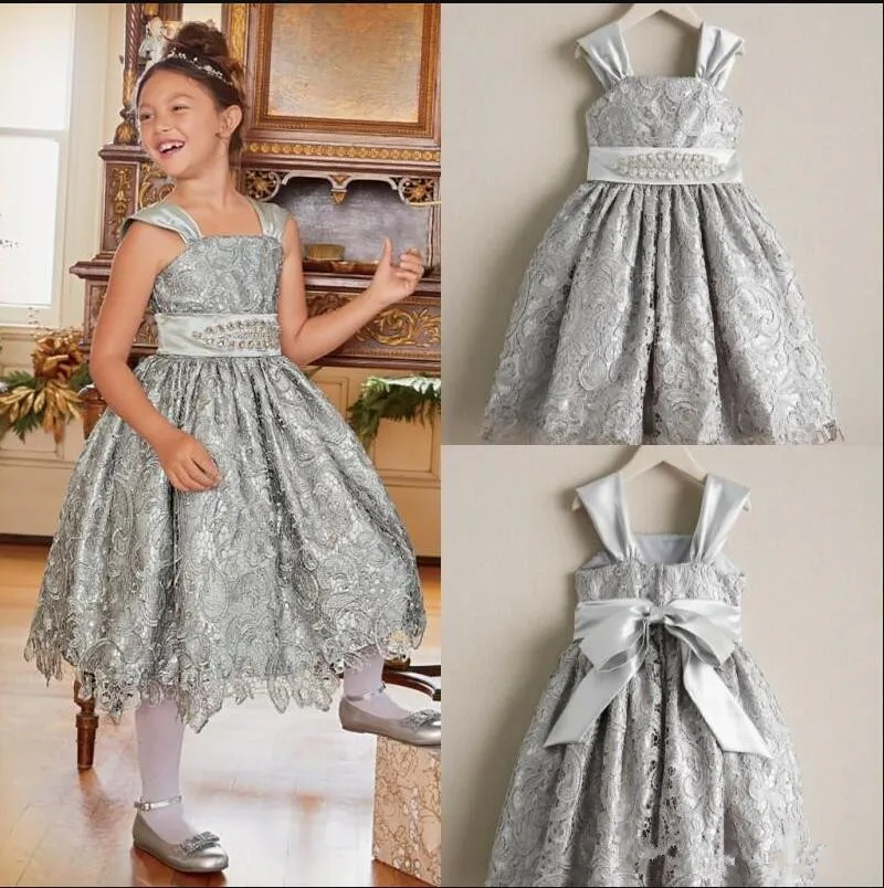 Серое кружевное платье с цветочным узором для девочек, с поясом, бисером, бантом, длиной до колен, изготовленное на заказ для принцессы, нарядные платья для девочек, детская официальная одежда