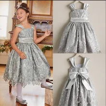 Серое кружевное платье с цветочным узором для девочек, с поясом, бисером, бантом, длиной до колен, изготовленное на заказ для принцессы, нарядные платья для девочек, детская официальная одежда