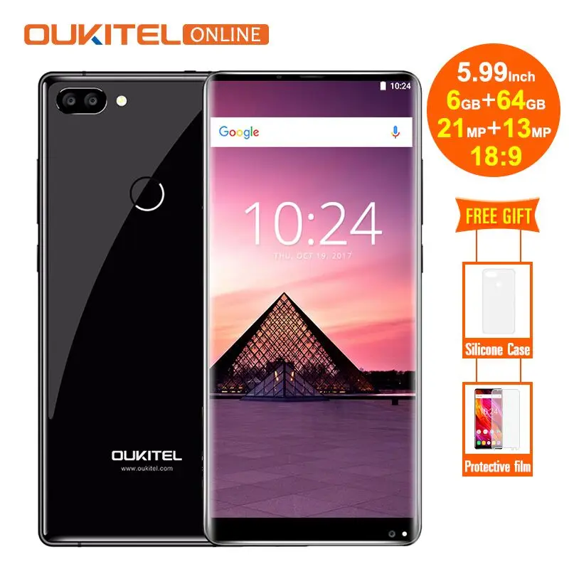 Смартфон Oukitel MIX 2 5,9" с 18:9 экраном 4G, Восьмиядерный процессор HelioP25, 6 ГБ+ 64 ГБ, 21 Мп+ 13 МП камера, 9 В/2 А, быстрое зарядное устройство, 4080 мАч, мобильный телефон