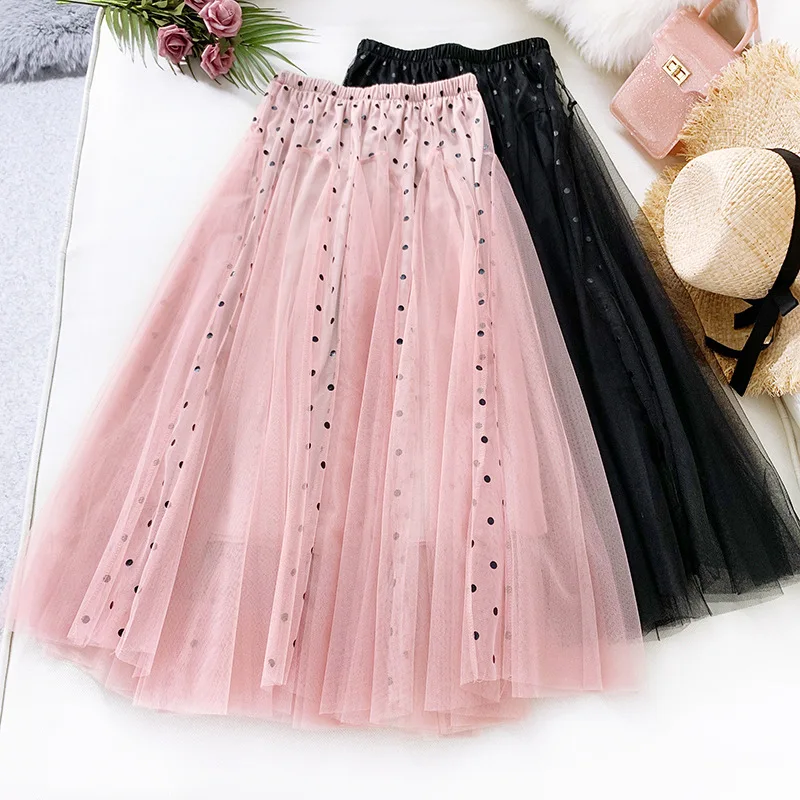 

Wasteheart Spring Pink Black Women Skirt A-Line Casual Ankle-Length Long Skirts Mesh Sweet Dots Sexy Long Skirts Ball Gown
