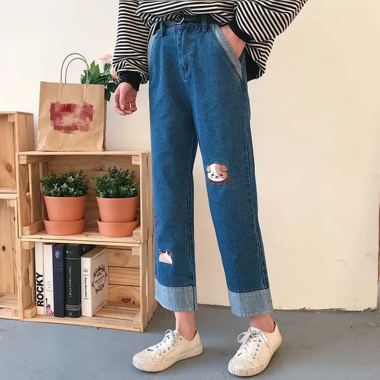 Модные женские джинсовые брюки корейские повседневные милые шикарные брюки с вышивкой Kpop джинсы с высокой талией Харадзюку уличные широкие брюки