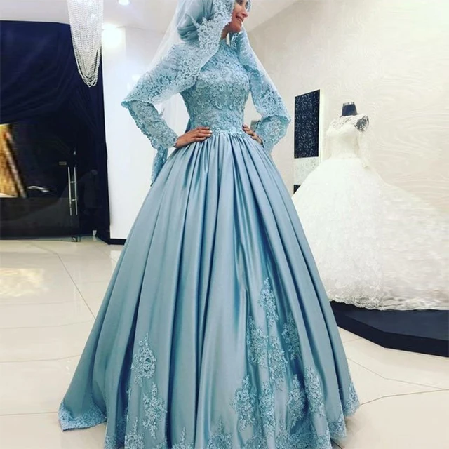 Light Blue Muslim Wedding Dress Hijab Long Sleeve Turkish Islamic 