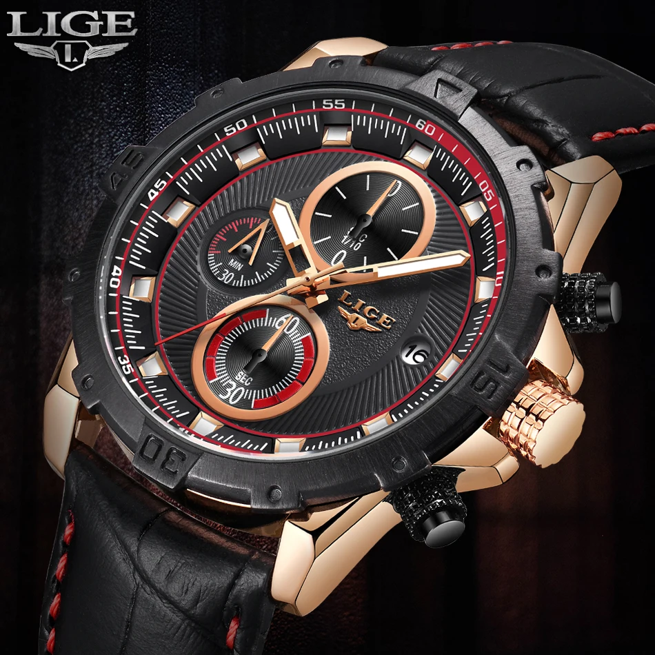 Nouvelle Marque De Luxe LIGE Hommes Montres режим Etanche En Cuir кварцевые Hommes военный Chronographe Спорт Montre Для мужчин подарок