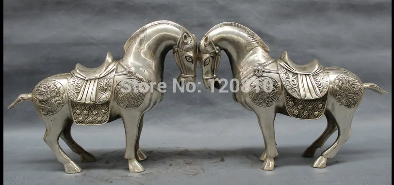 

14" Chinese Silver Wealth FengShui Folk Dragon Phoenix Tang Horse Statue Pair