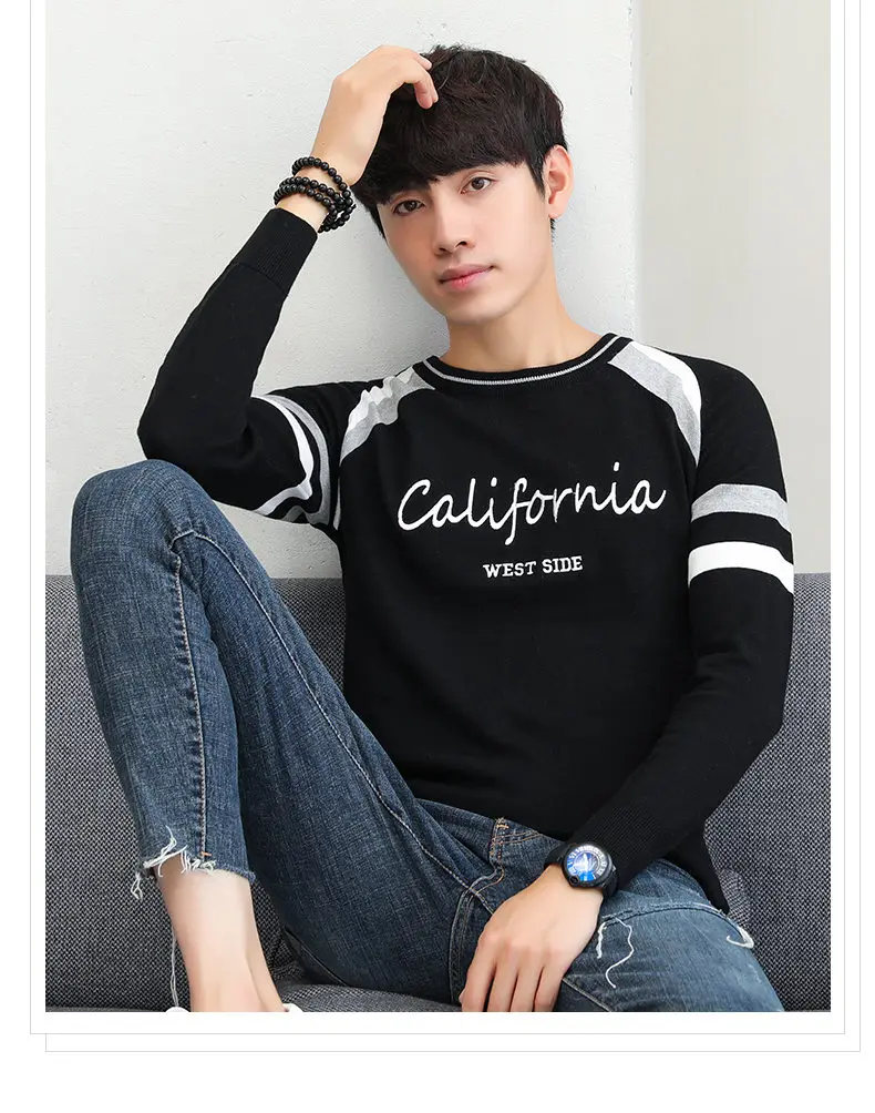 2019 Autumn Contrast Color Sweater Men O-Neck Cotton Knitted Pullover Men Winter Fashion Korean Style Striped Mens Sweaters Male 12