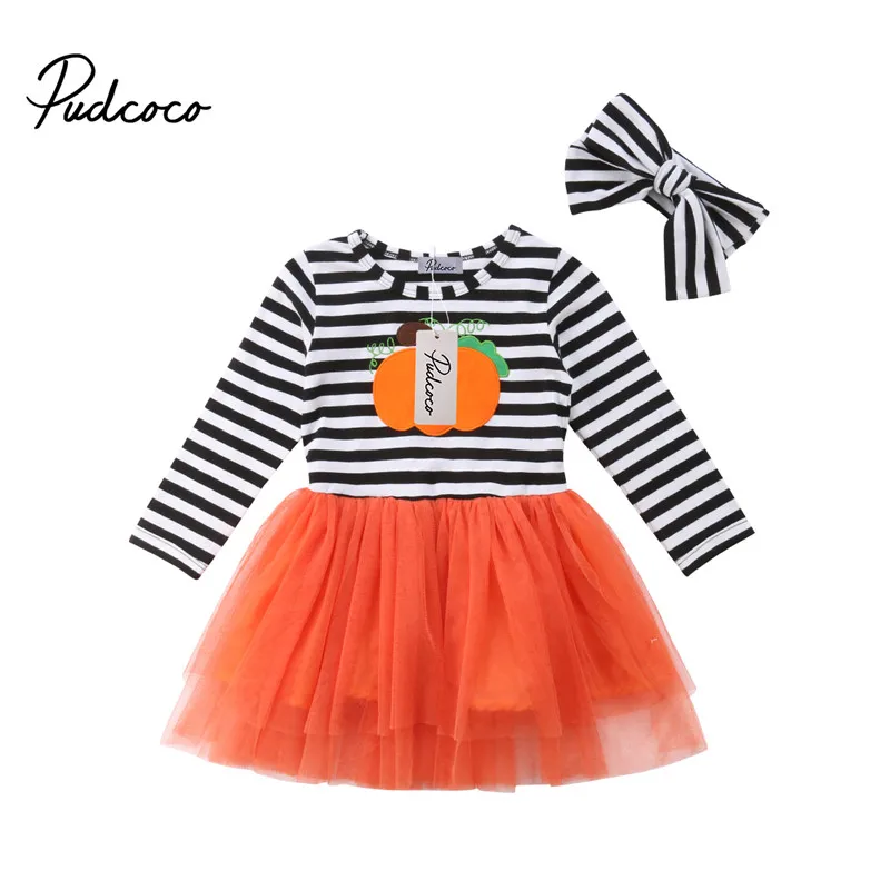 

Newest Halloween Kids Baby Girls Long Sleeve Striped Tulle Dresses Headband Pop Party Winter Ball Gown Dresses 1-6T