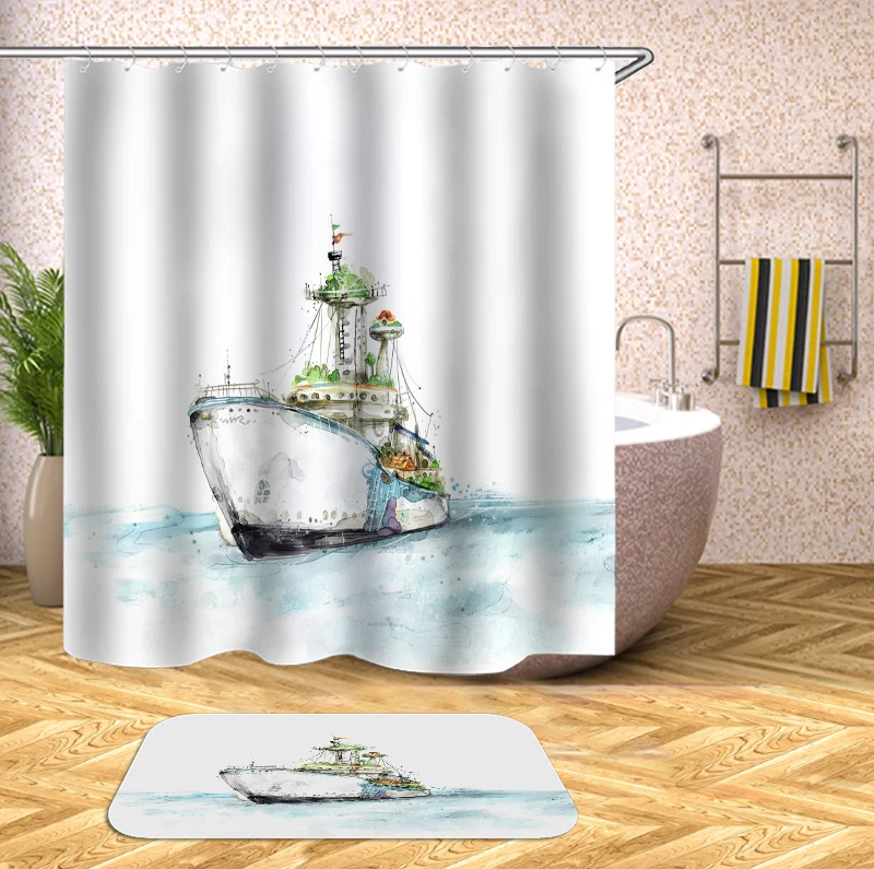 Dropshipping Ocean Boat Mermaidl Waterproof Shower Curtains with Bath