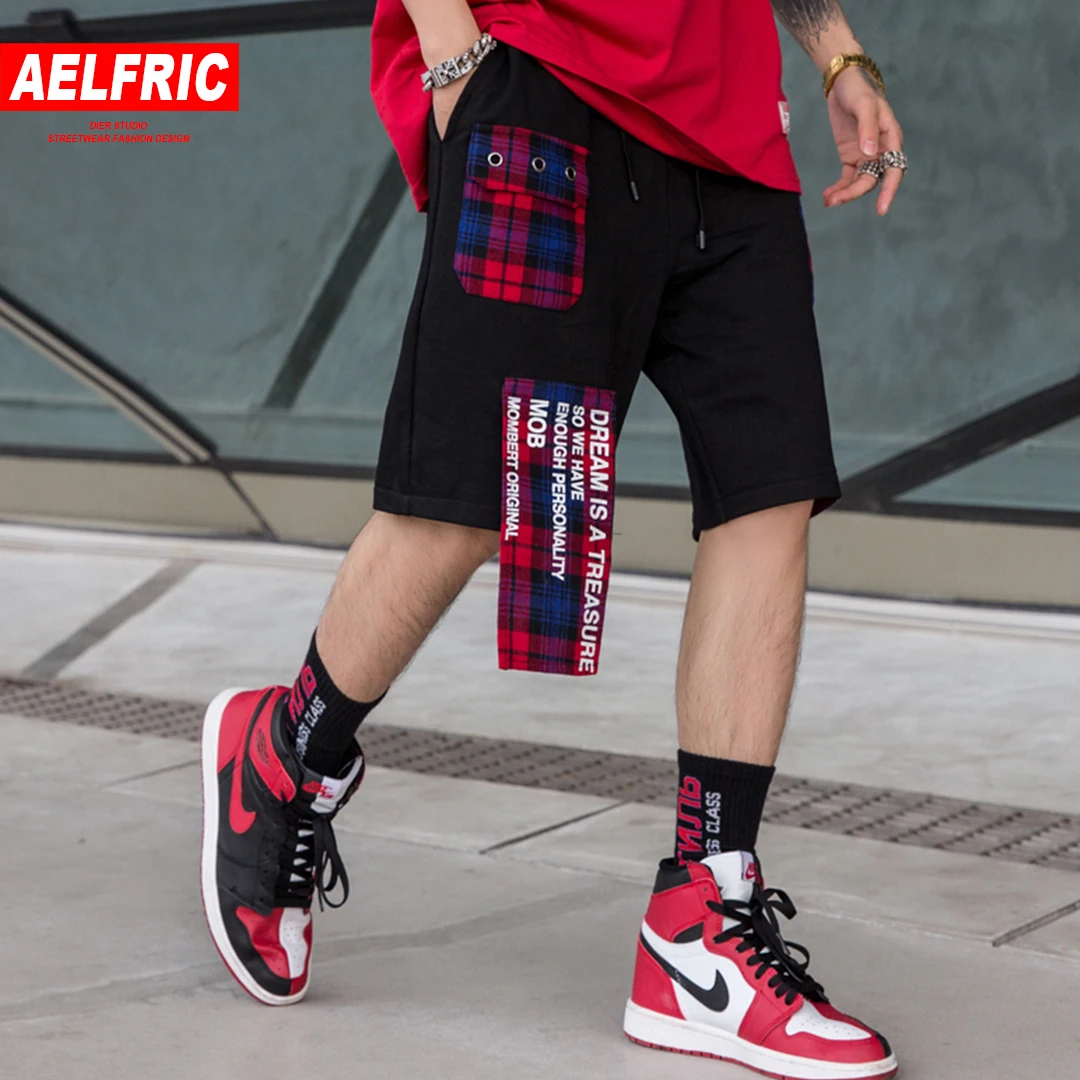 AELFRIC подвижные патч дизайнерские шорты для мужчин Мода Harajuku хлопок хип хоп до колена шорты летние клетчатые повседневные уличные
