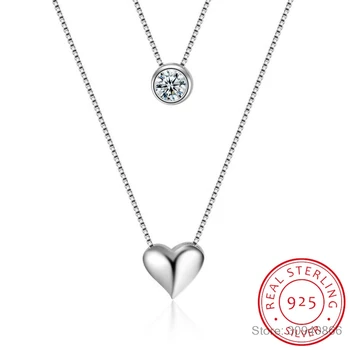 Wholesale Jewelry 925 Sterling Silver Double Layers Collarbone Necklace Chain CZ Love-heart Pendant Necklace For Women S-N157