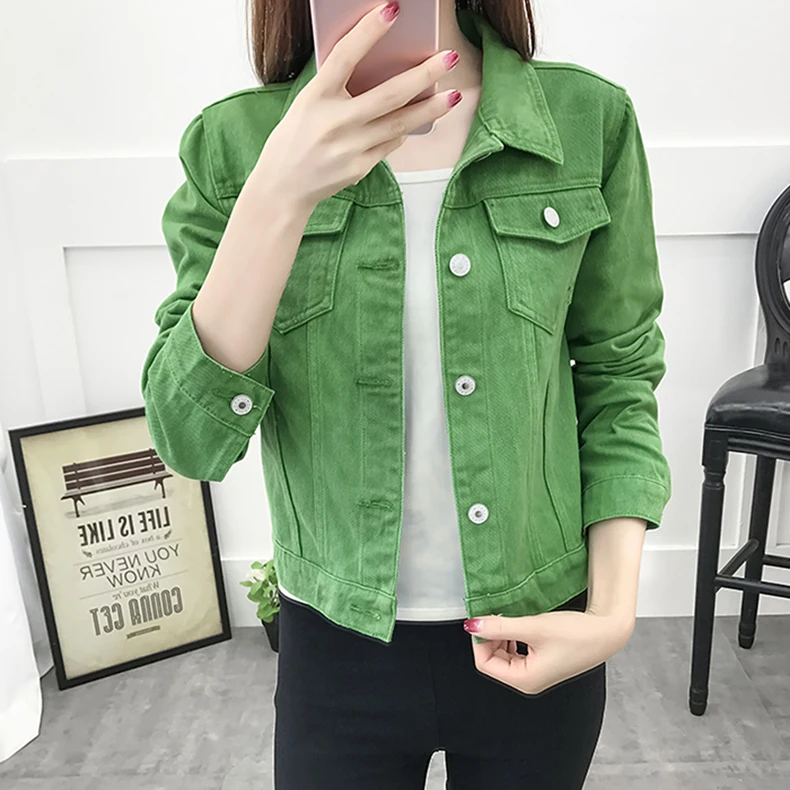 Базовая джинсовая женская куртка зеленого цвета, осень, женские джинсовые куртки, женские облегающие Стрейчевые короткие пальто, женская одежда