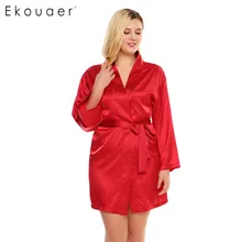 Ekouaer плюс Размеры халат Для женщин атлас кимоно халат с длинным рукавом поясом Ночная рубашка Демисезонный сплошной высокое качество ночная рубашка L-4XL